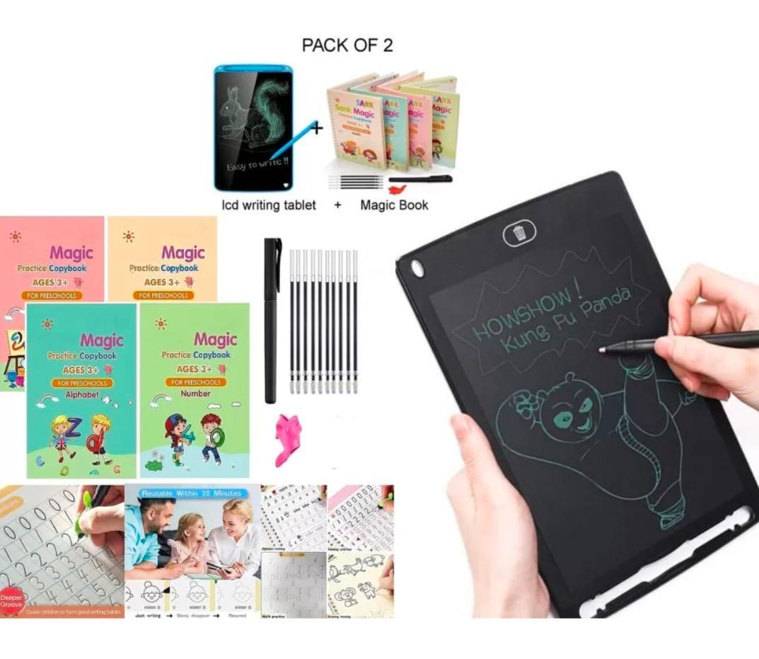 3D Groove Magic Book Set { 4 Book, 8 refill, 1 Pen, 1 Grip Pen } With Digital Writting Pad