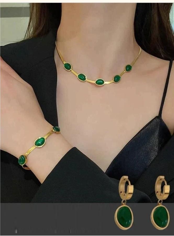 Oval Green Crystal Pendant Necklace Set With Free Bracelet