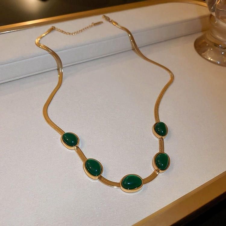 Oval Green Crystal Pendant Necklace Set With Free Bracelet